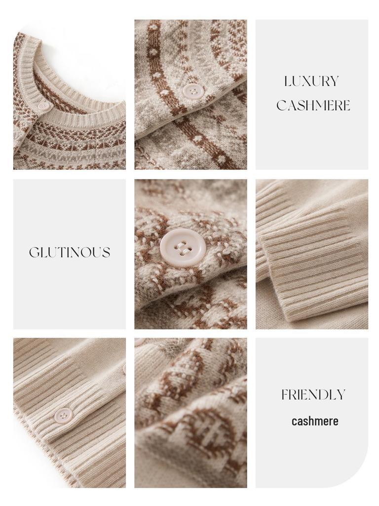 Women's Romantic Cashmere Cardigan - Round Neck, Fair Isle Pattern, Color Block, Autumn/Winter Knitted Sweater Coat