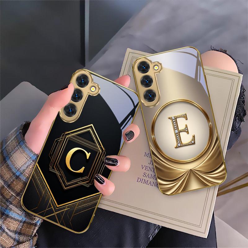 Gorgeous letter gold "R" For Samsung Galaxy S26 S20 FE S21 S22 S23 Plus S24 Ultra S25Ultra S21+  S22Plus Golden glass phone case