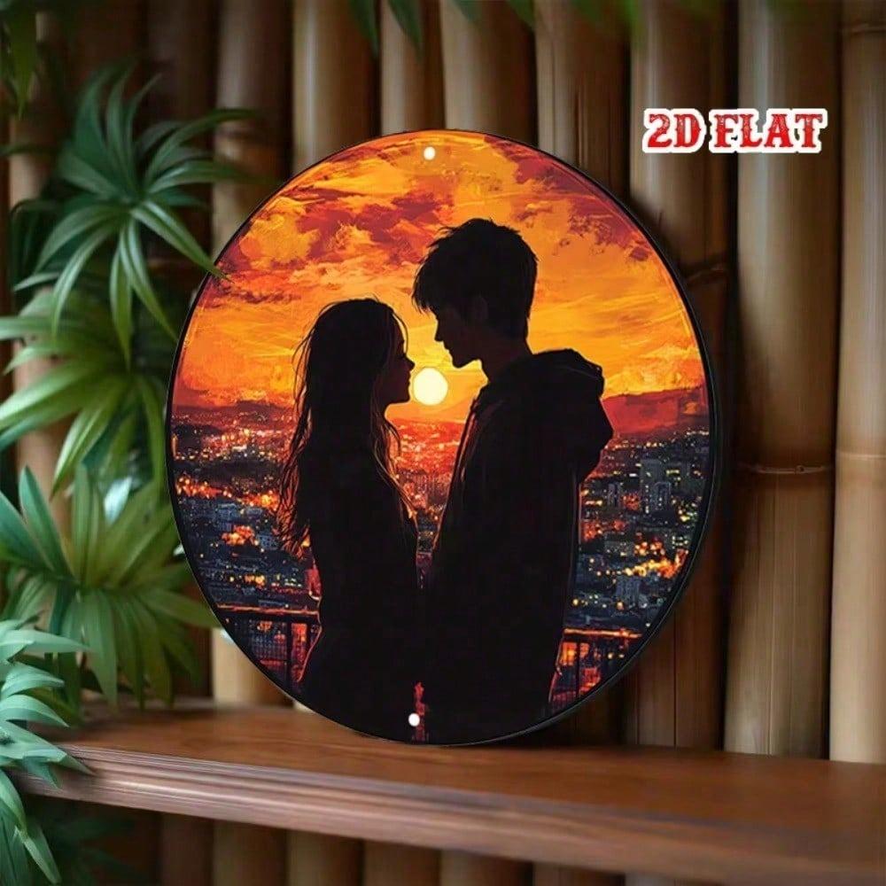 Retro Couple Sunset Silhouette Round Metal Wall Art Urban Skyline Tin Sign 7.87 Inch Aluminum Decor For Home Cafe Garage