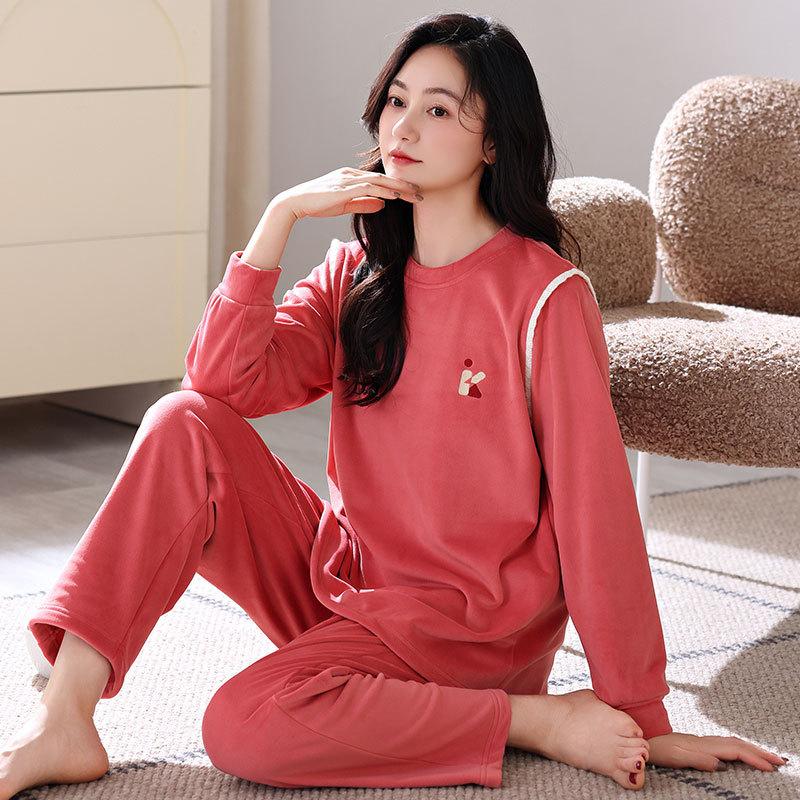 Coral Fleece Pajamas Women'S Autumn And Winter Fleece Thickened Round Neck Pullover Can Be Worn Outside Island Fleece Loungewear Set