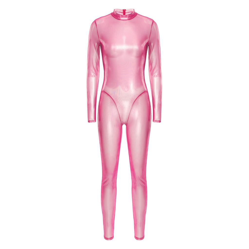 Dame Glinsende Metallisk Helkropps Unitard Langermet Høy Midje Leggings Stil Ryggglidelås Kattedrakt