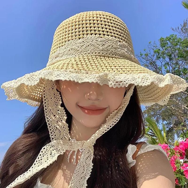 1Pieces Women Lace Visors Hat Wide Large Brim Beach Hats Summer Straw Hat Foldable Sun Hat Fashion Mountaineering Scarf