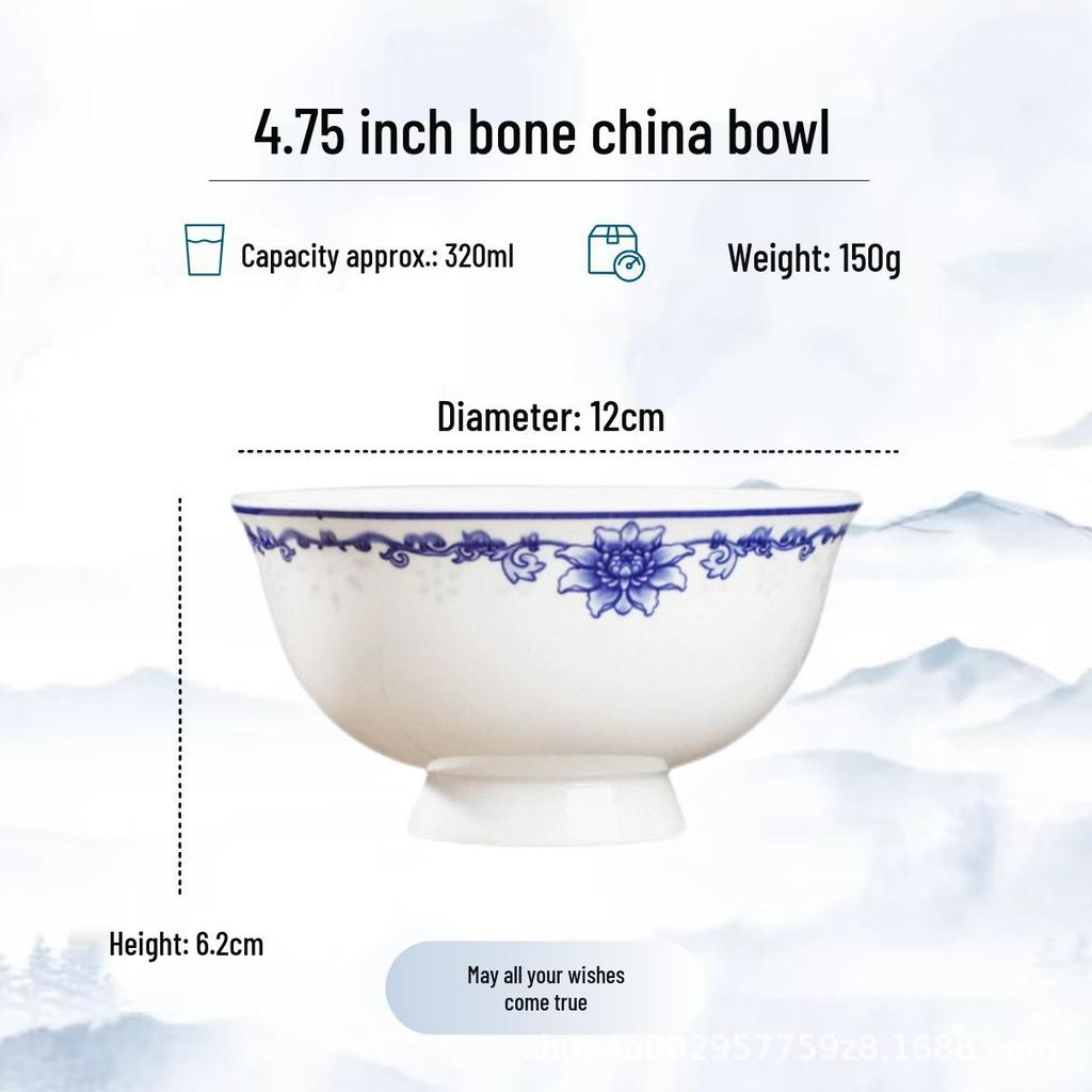 Blue and White High-Foot Bone China Noodle Bowl - Chinese-Style, Anti-Scald, Customizable for Birthdays