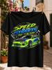 Speed On The Streets Fueled By Fury Quote Neon Green And Blue Tuner Car Checkered Flags And Racing Unisex All Tshirt