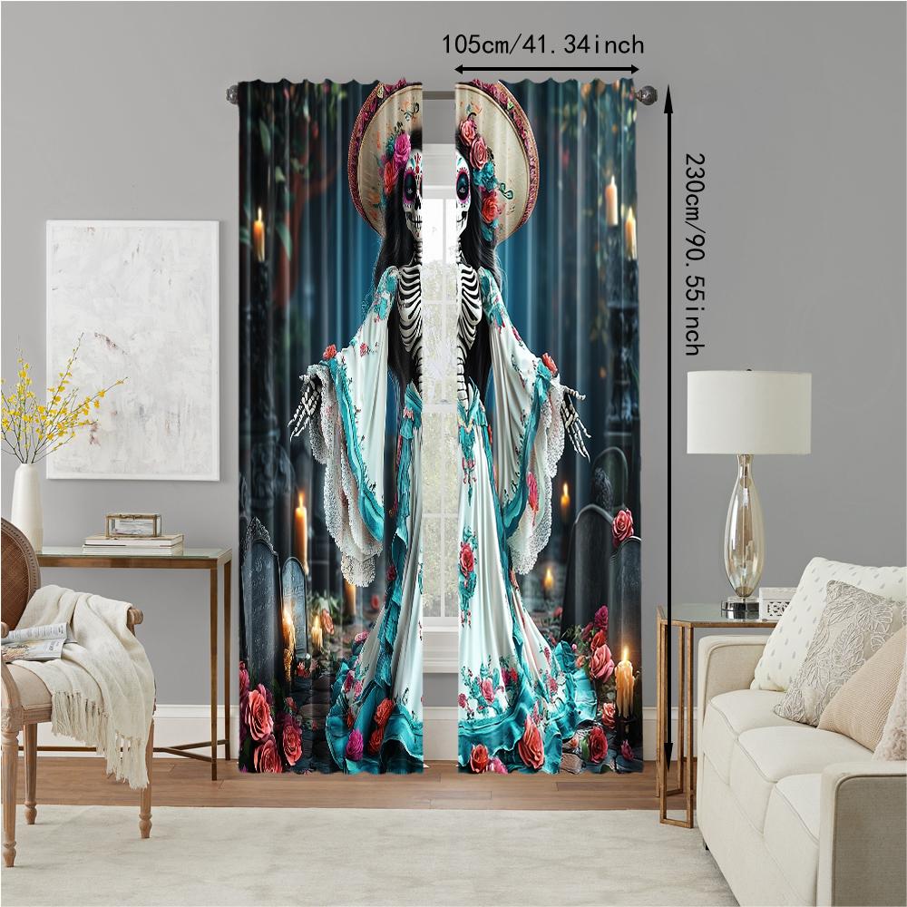 Set Of 2 Versatile Polyester Transparent Curtains Home Decoration Day Dead Sugar Skull Use Bedrooms Living Curtain Ideal For Bedroom
