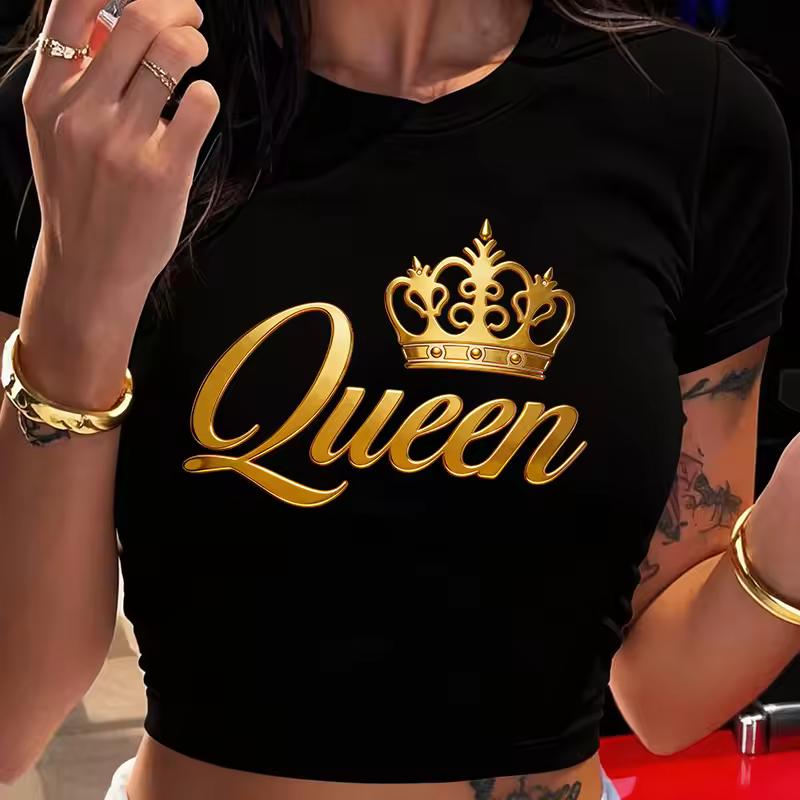 Sexy Cropped Women's T shirt Golden Queen Crown Print Y2k Crop Tops 90s Graphic T shirt Fashion Crew Neck Short Sleeve T-Shirt
