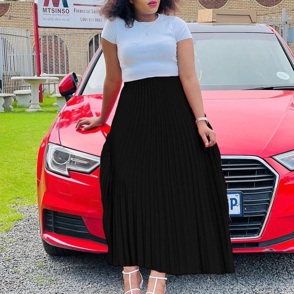 2022 Autumn Plus Size Women's Pleated Maxi Skirt – Solid Color, High Waist, European & American Style