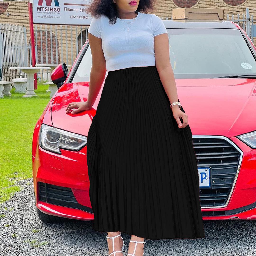 

Женская плиссированная макси-юбка больших размеров 2022 года — однотонная, с высокой талией, в европейском и американском стиле XXXL чёрный