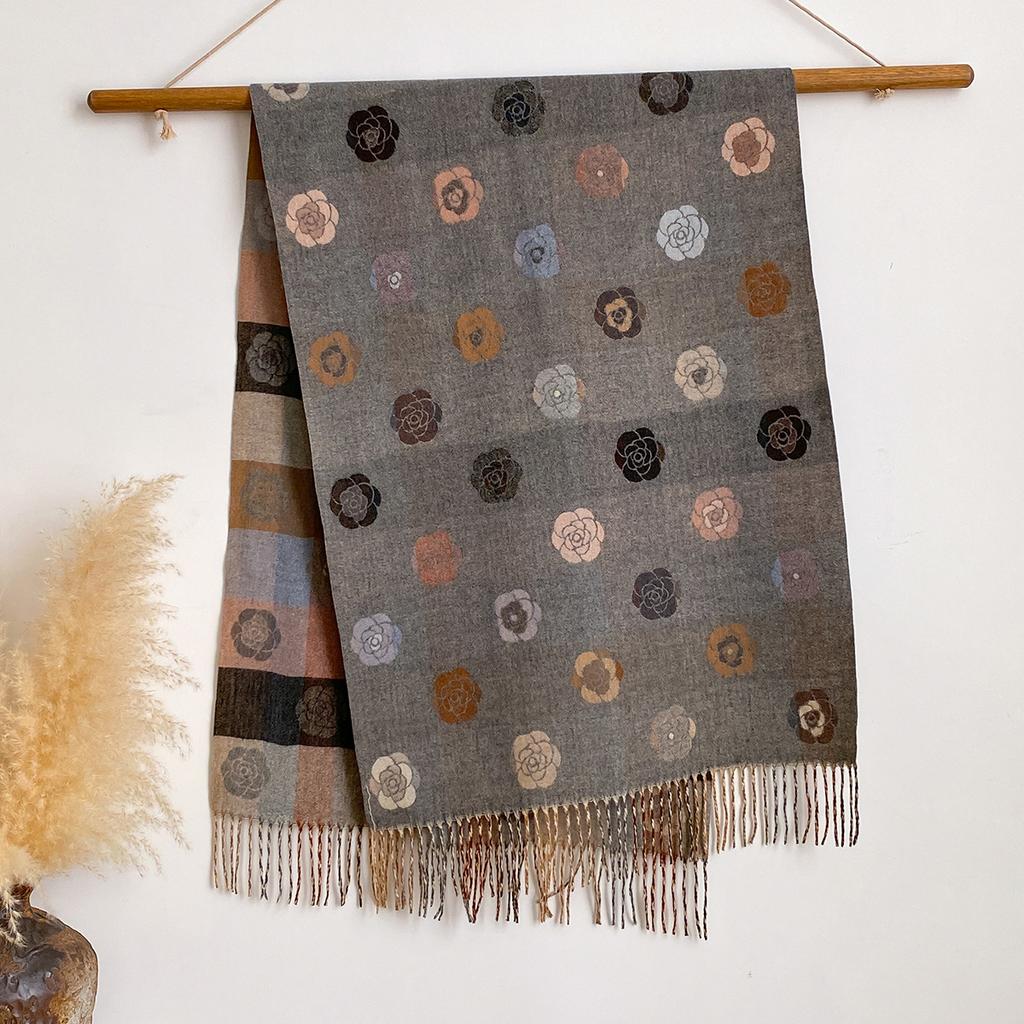 Versatile Jacquard Autumn And Winter Rose Splicing Double-Sided Imitation Cashmere Scarf Winter Warm Shawl Women
