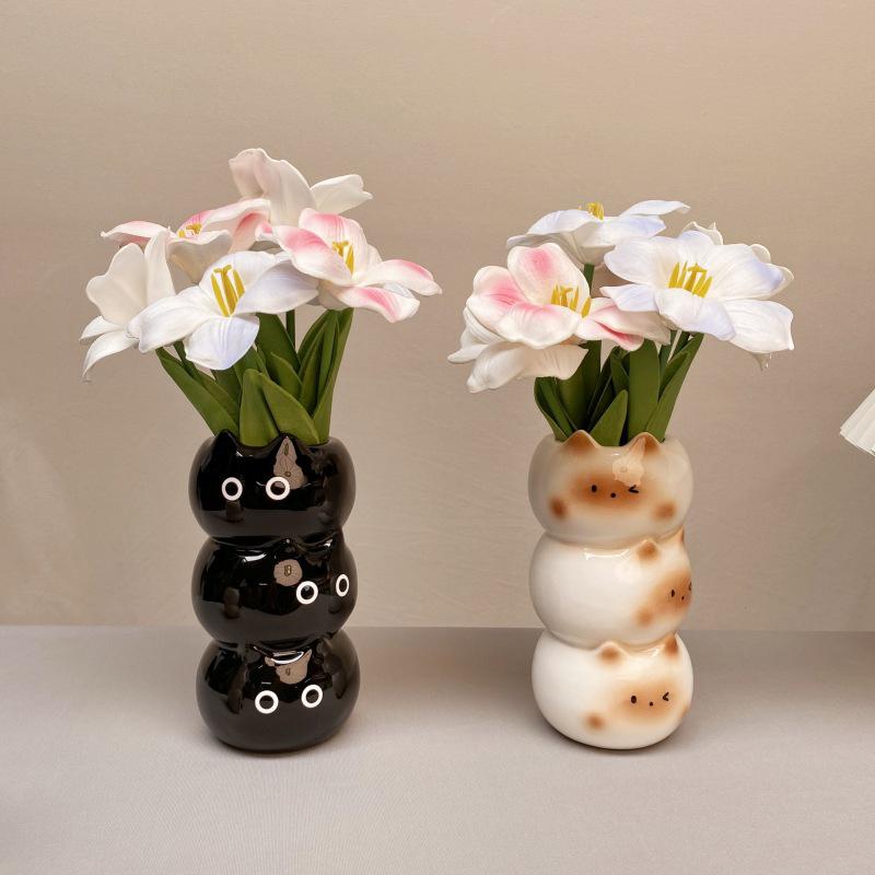 Handmade Cartoon Cat Decorative Flower Arrangement Living Room Floral Art Unique Ceramic Cute Home Decorations