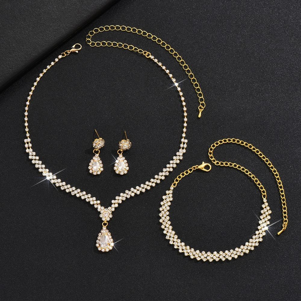 Zircon Necklace Earring Set Luxury Rhinestone Bracelet Trendy Bridal Jewelry Set  Wedding