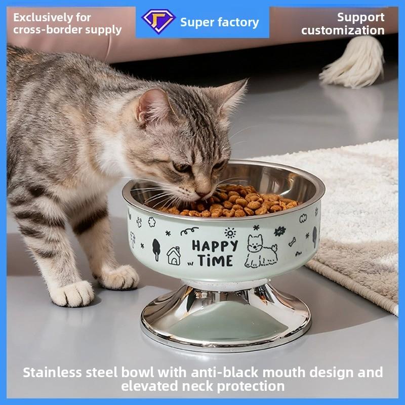 Cuenco elevado de acero inoxidable para gatos, comedero antideslizante para mascotas, protección cervical