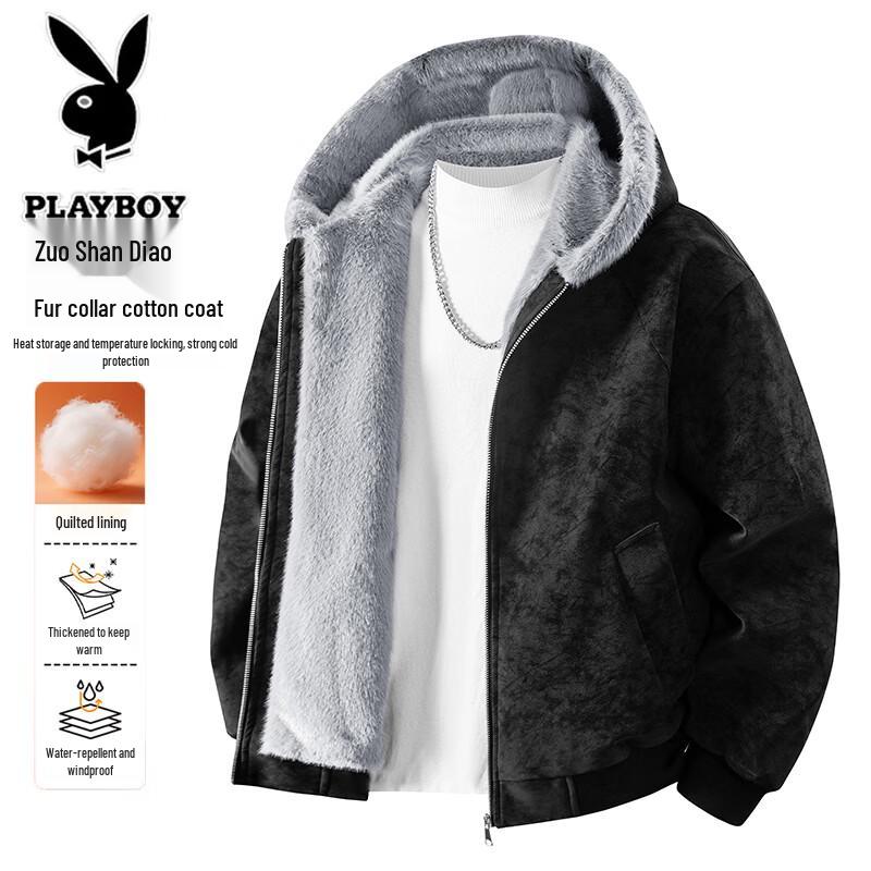 PLAYBOY Men s Autumn/Winter Hooded Warm Fur Collar Jacket 2XL