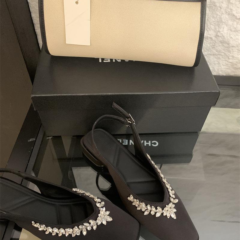 French Temperament Nude Square Head Rhinestone Rear Empty Single Shoes Women's Summer New Satin Versatile Bag Head Sandals