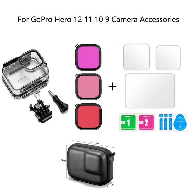 Unterwasser-Tauchgehäuse (60 m) + Filter + Mini-Tragetasche + 9H gehärtetes Glas für GoPro Hero 12 11 10 9 Kamerazubehör