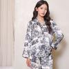 Women Spring and Fall Print Flower Pajamas Set Long-sleeved Shirt with Turn-down Collar + Long Pants Two-piece Set