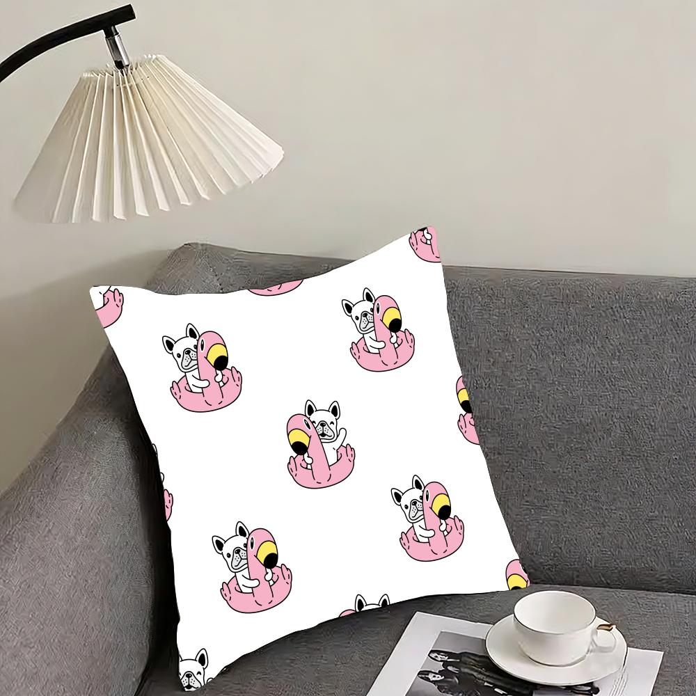 Cartoon French Bulldog Pattern Cushion Cover Reversible Plush Pillow Cover – For car, sofa, bedroom, perfect as a gift.