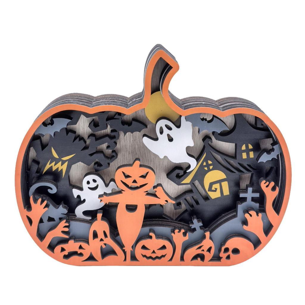 Wooden Multi-Layer Halloween Pumpkin with Haunted House, Ghosts, and Scarecrow Ornaments for Desktop Display