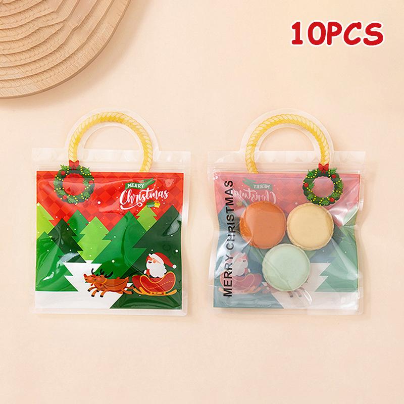 10 Pcs Christmas Candy Bag Biscuit Plastic Handbag Cartoon Elk Snow Man Pattern Christmas Party Packaging Bag Xmas Supplies
