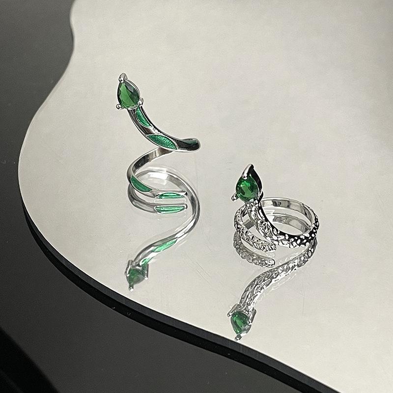 Slytherin Green Snake Joint Ring Niche Design Light Luxury High-End Zircon Dark Wind Open Ring