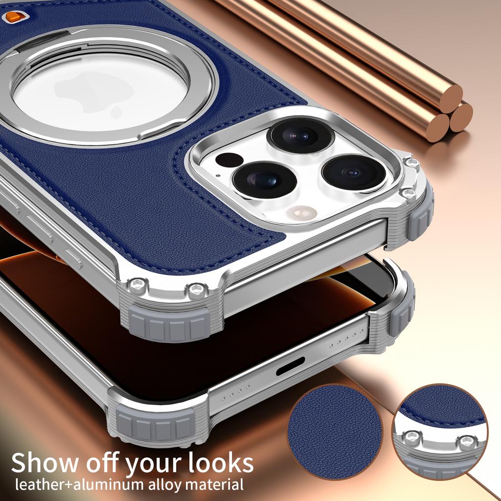 For iPhone 14 Pro Max Case PU Covered Metal Boardless Phone Back Cover with Kickstand