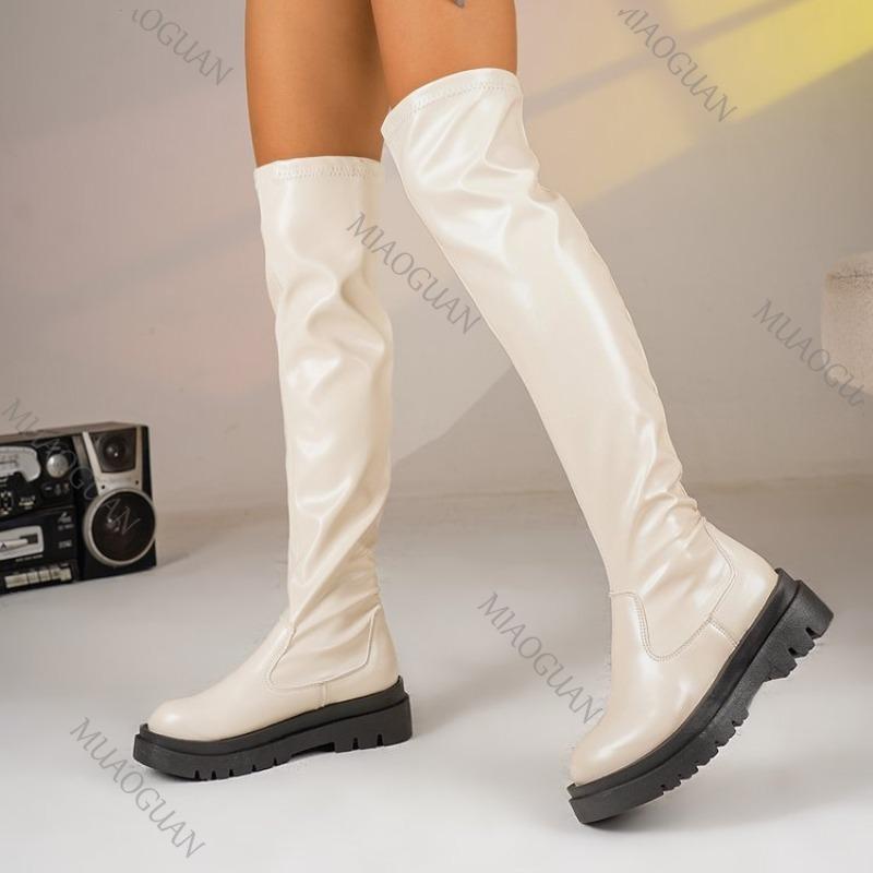 Women's Over-the-knee Boots Leather Platform Chunky Sole Round Toe Slip-On Sexy Thigh High Shoes for Women Street Style Footwear