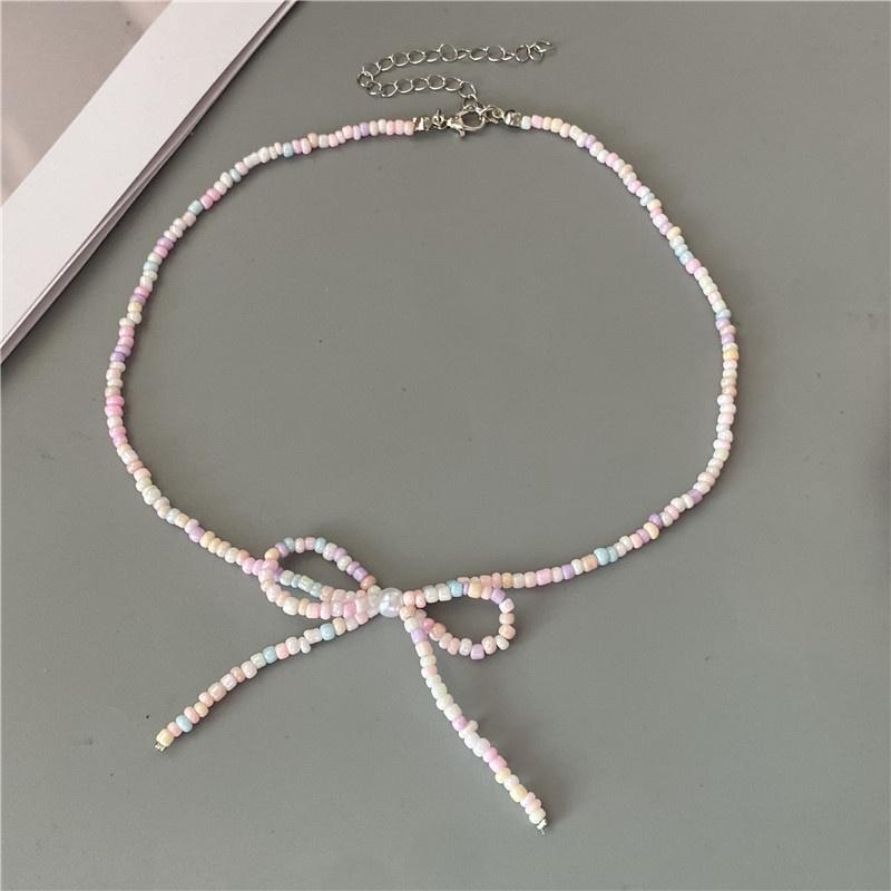 Korean Fashion Knotbow Choker Necklace for Girl Trendy Romantic Handmade Rice Beads Short Neck Jewelry Gift for Friend