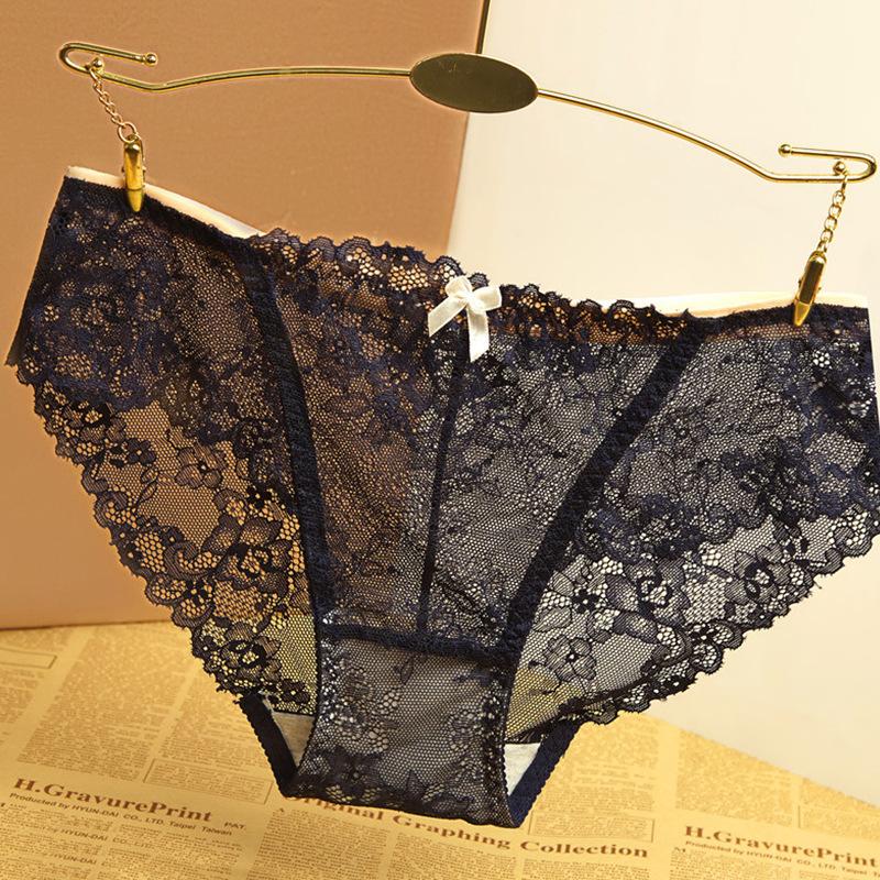 Women's Lace Mesh Underwear Transparent Seamless Low Waist Cotton Crotch Hollowed Out Underwear
