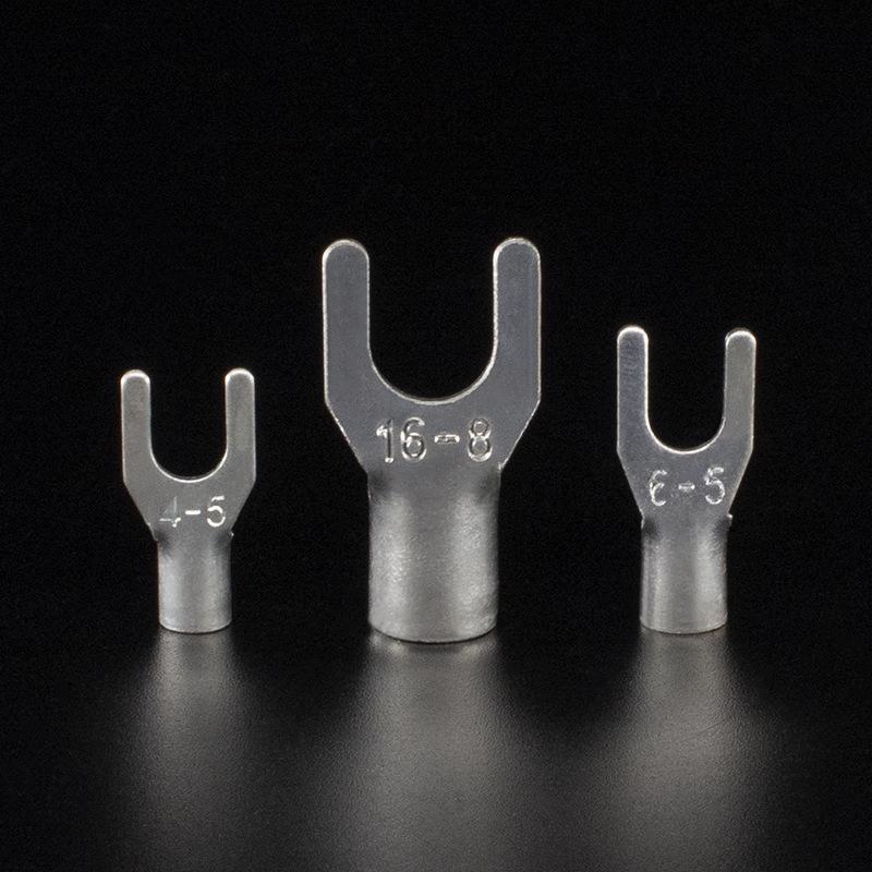 CJH UT10-6/8 Silver Plated Brass/Red Copper Fork Terminal, 500 Pcs, Cold Crimp Bare Wire Copper Lug.