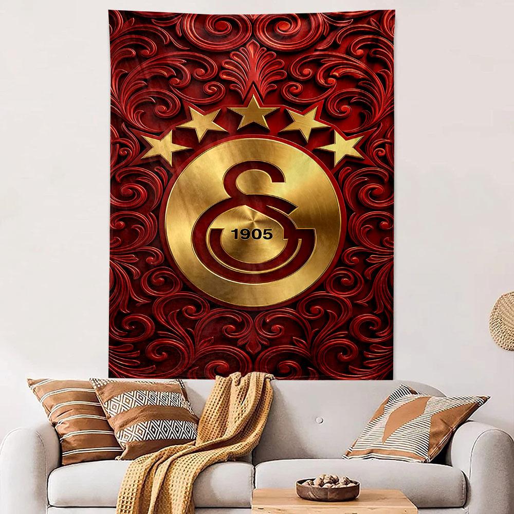 Galatasaray Football Club Crest Wall Tapestry Golden Emblem Five Stars Red Ornamental Decor for Fan Bedroom Man Cave Gift