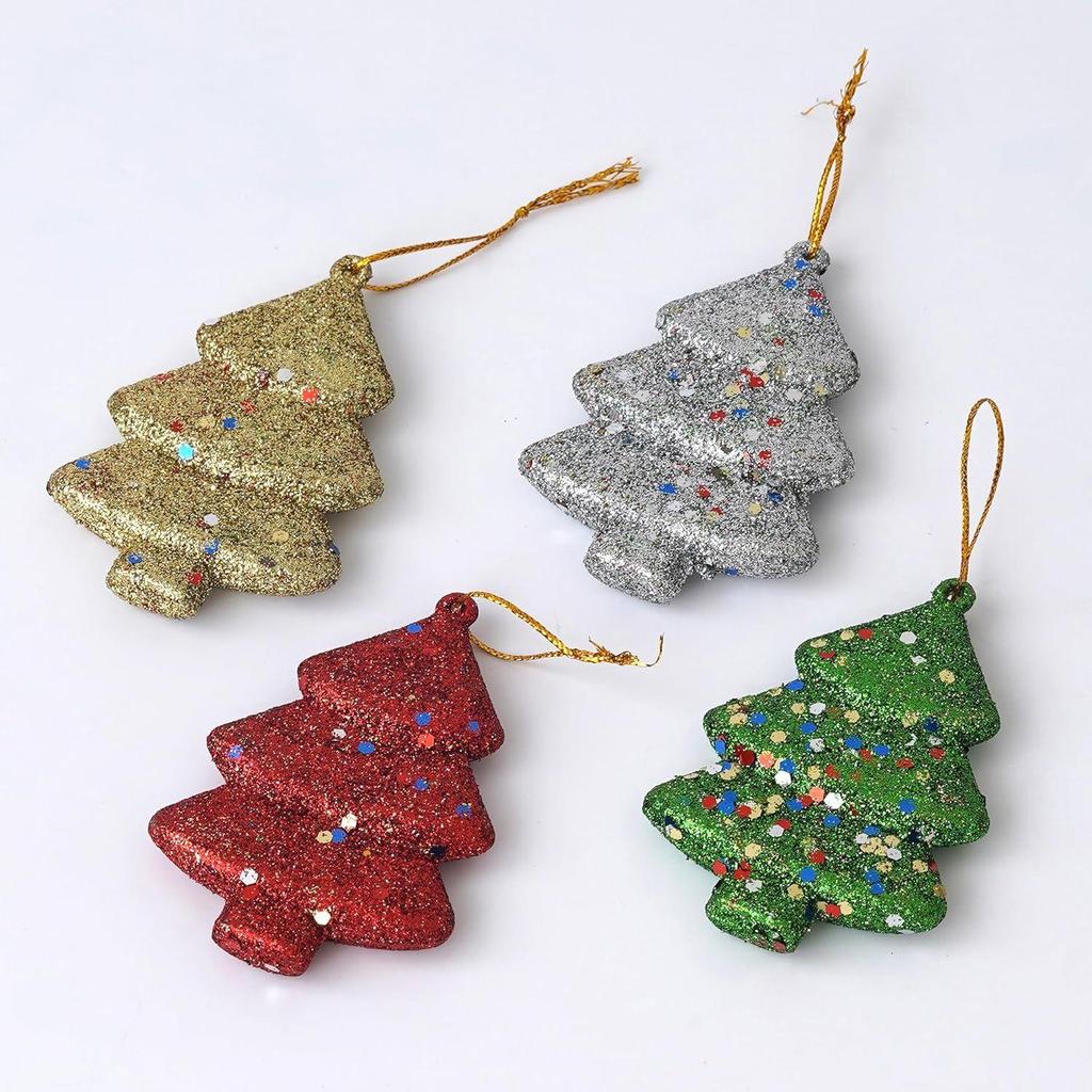 Sparkly Christmas Trees (Set of 4, Red Green Golden Silver) Christmas Tree Decoration Items Hanging Ornaments Props | Xmas Decorations
