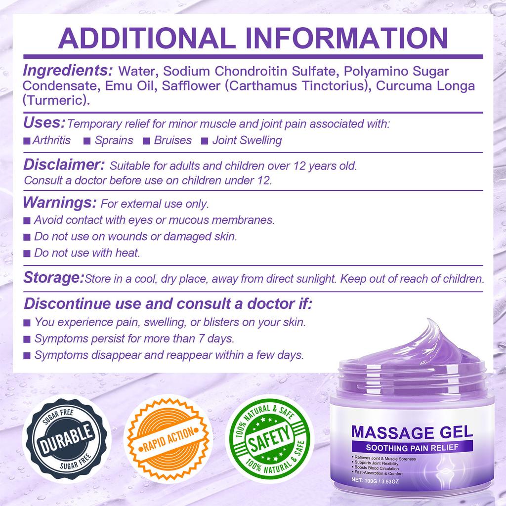 Soothing Body ReliefShoulder, Neck And Knee JointsRedness, Swelling And DiscomfortPain ReliefMassage Gel