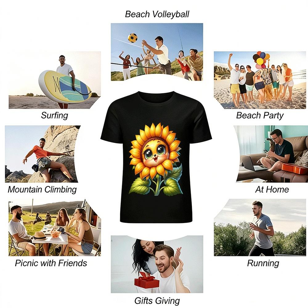 Cute Sunflower Anthropomorphic Print Casual Daily Top Pure cotton T-shirt