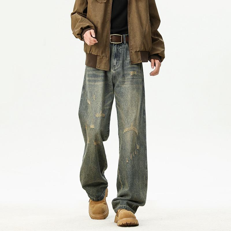 

Мужские прямые джинсы JYL Винтажная стирка Рваные Стиль High-Street Свободные Повседневные Деним S спаржевый