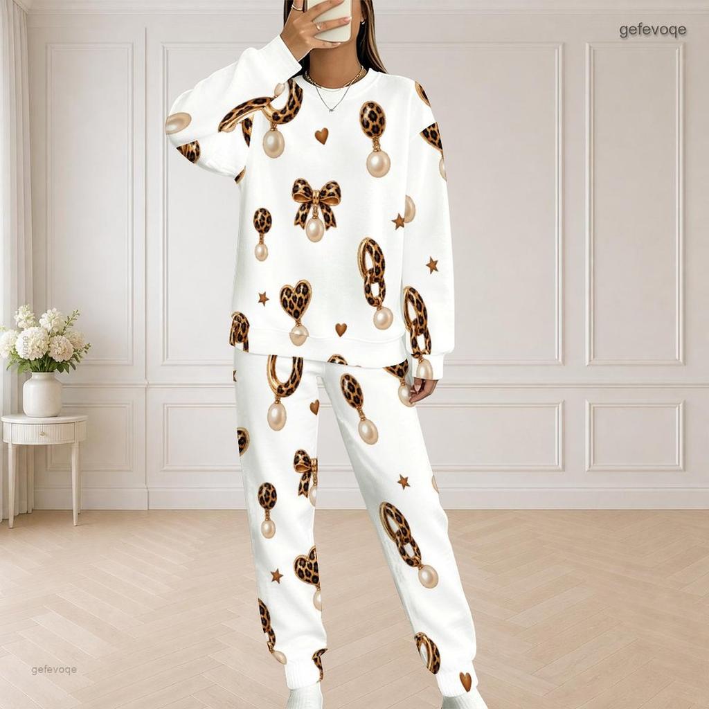Women Plus Size White Halloween Printed Round Neck Long Sleeve Two Piece Set With Side Pockets