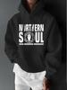 unisex Heavyweight Graphic Hooded Sweatshirt - Northern Soul & Motiforce Design, Navy Blue Retro 70s/80s Inspired Sportswear, Long Sleeve Pullover wit