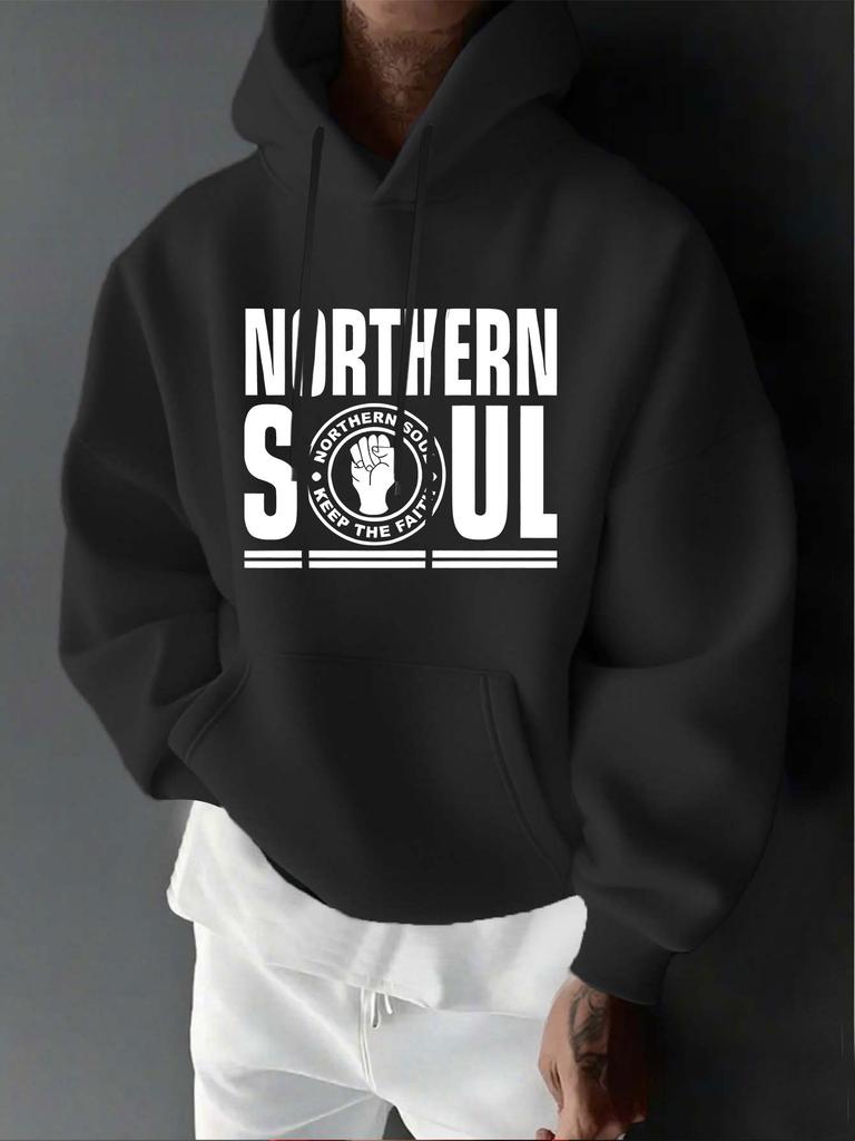 unisex Heavyweight Graphic Hooded Sweatshirt - Northern Soul & Motiforce Design, Navy Blue Retro 70s/80s Inspired Sportswear, Long Sleeve Pullover wit