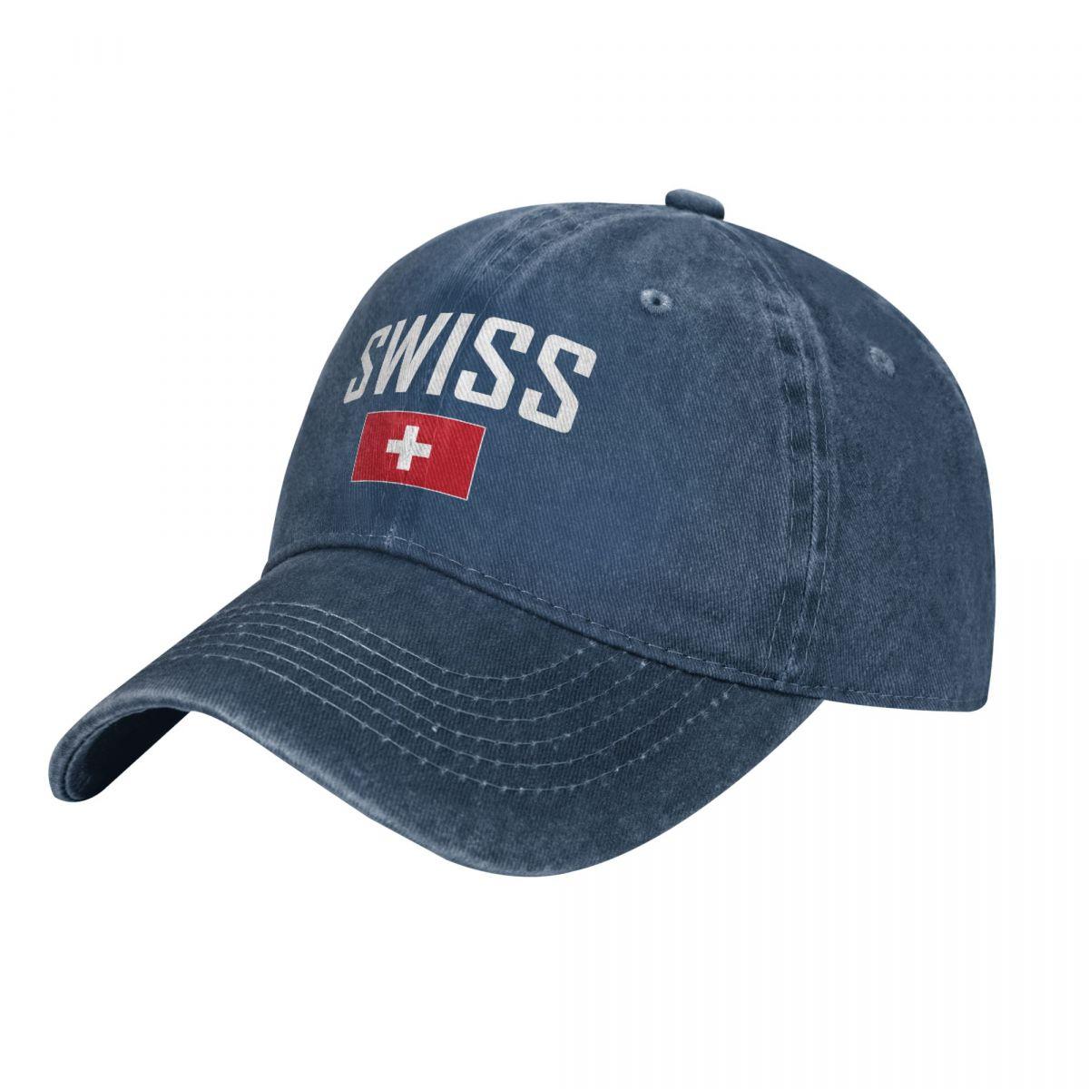 Lola CAP Heren Baseballpet Zwitserland Zwitserse Vlag En Lettertype Houtskool Gewassen Denim Vintage Katoen Dad Truckerpet One Size