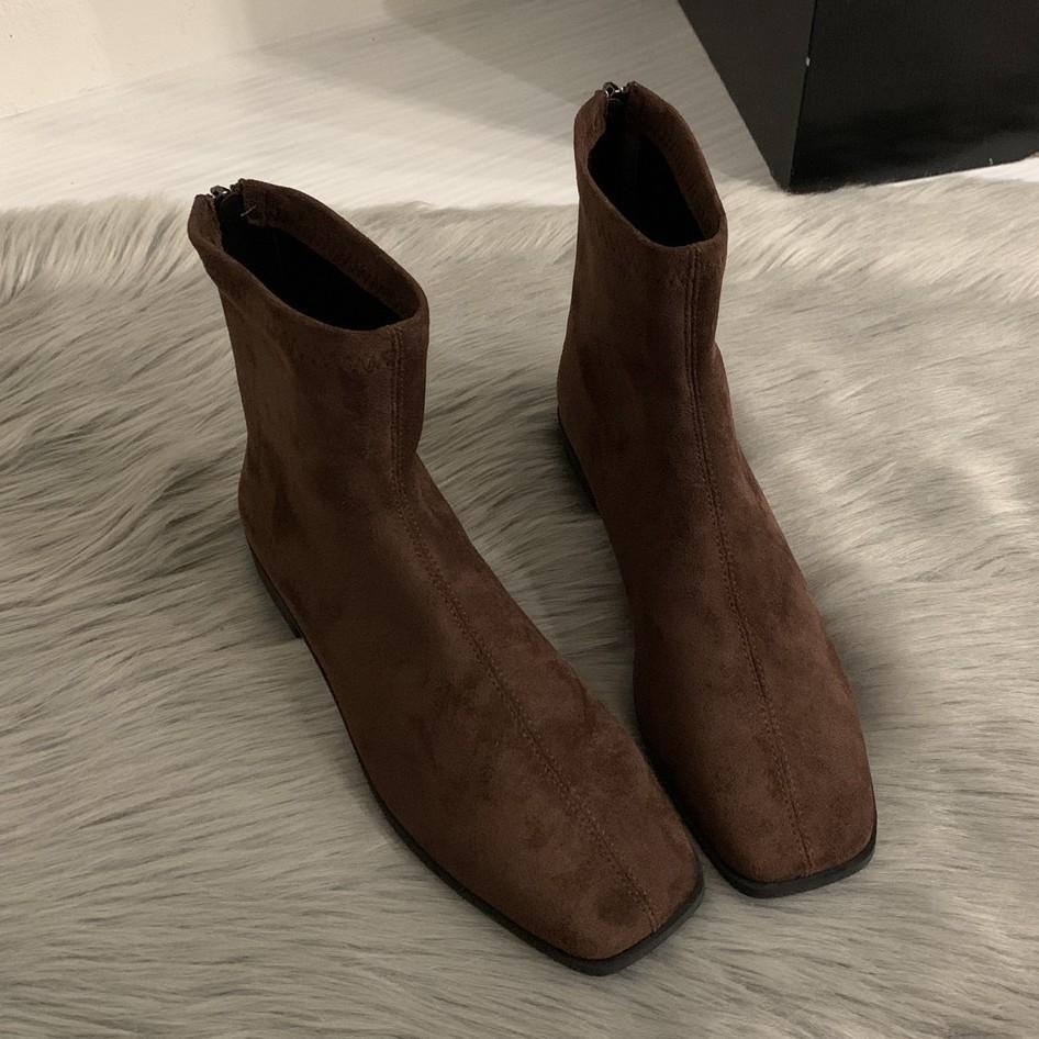 

Autumn and winter new minimalist square head versatile low-heeled Martin boots women s rear zipper flat-bottomed thin boots 39 коричневий