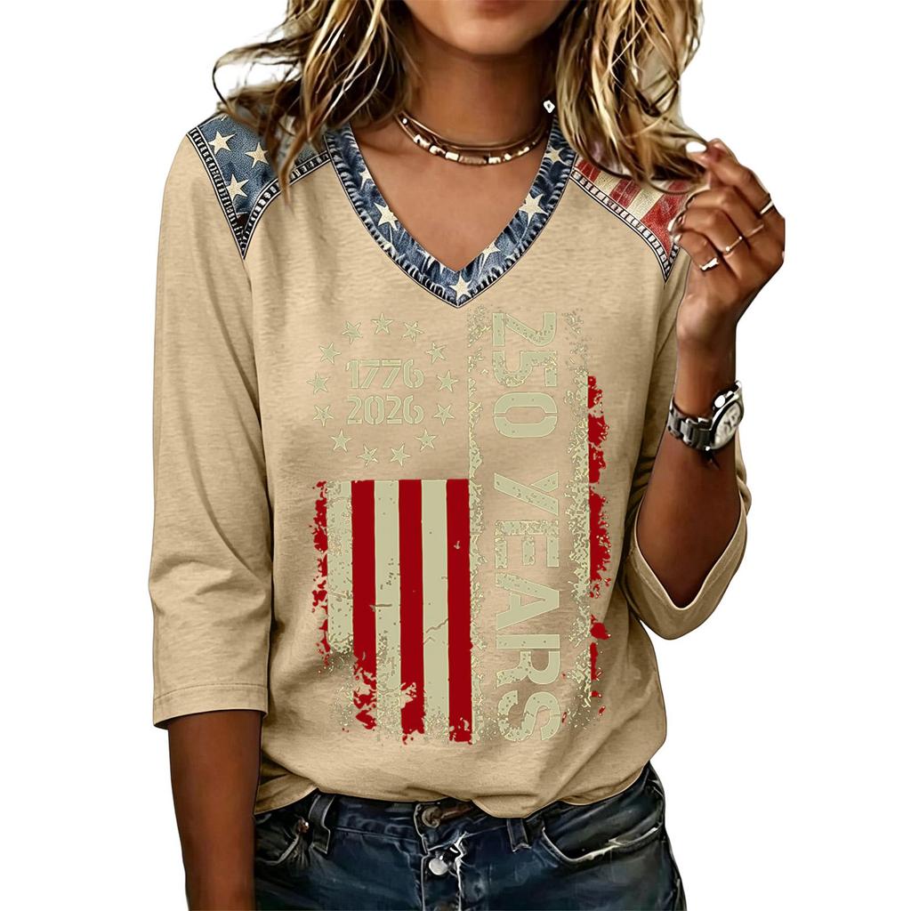 Womens Casual V Neck Top 250 Years 1776 2026 Printed Loose Fit Shirt Half Sleeve Patriotic Graphic Tee Comfortable Pullover