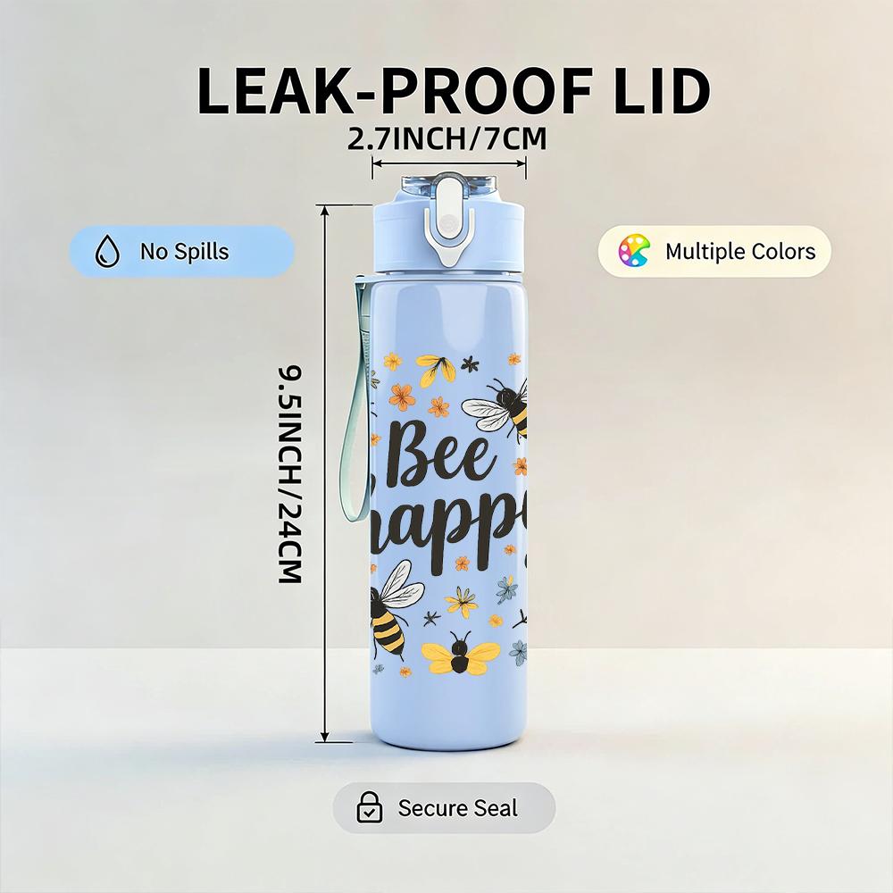 1PC Bee Happy Floral Letter 750ml Color Plastic Sports Water Bottle Leakproof Flip Straw Lid For Sports Office Home Use