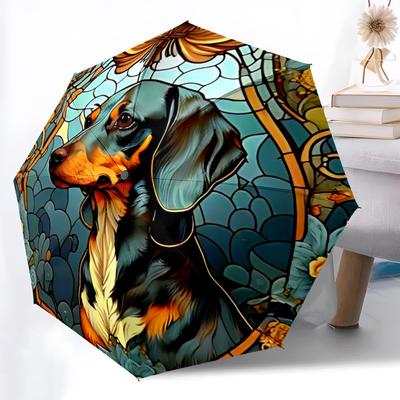 1pc Stained Glass Dog Automatic Folding Umbrella, Sturdy And Durable Automatic Folding Umbrella with 8 Ribs, Convenient for Outdoor Use070