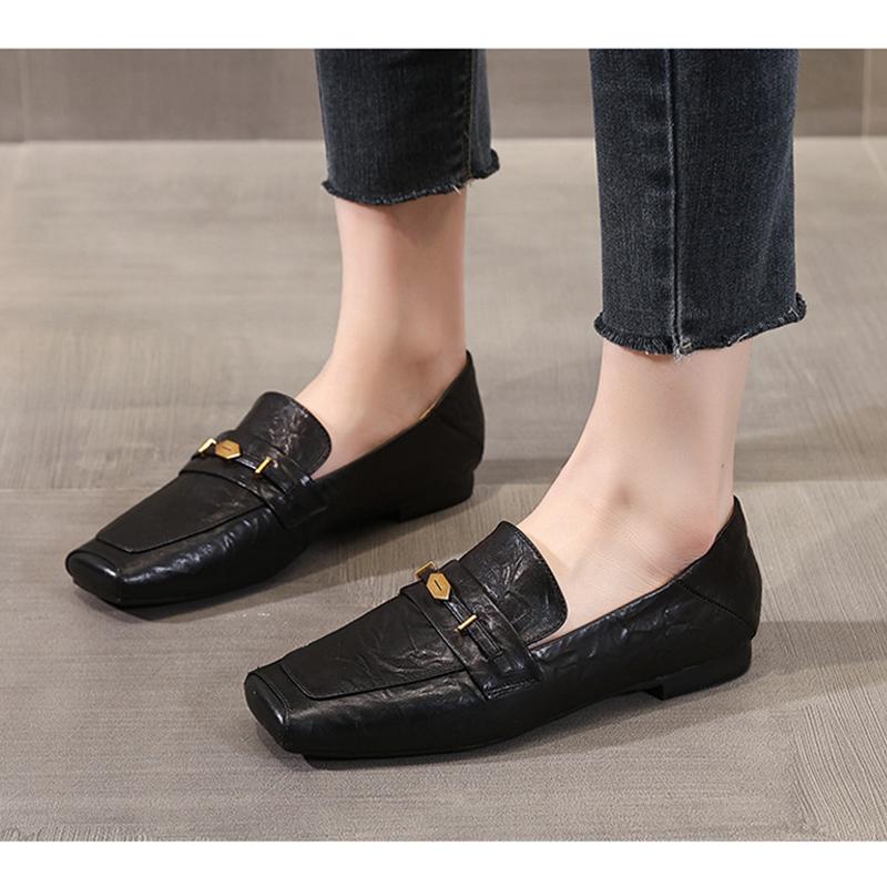 2026 Spring Summer Sheepskin Shoes Women Flats Genuine Leather Fashion Brand Ladies Party Shoes Black Brown