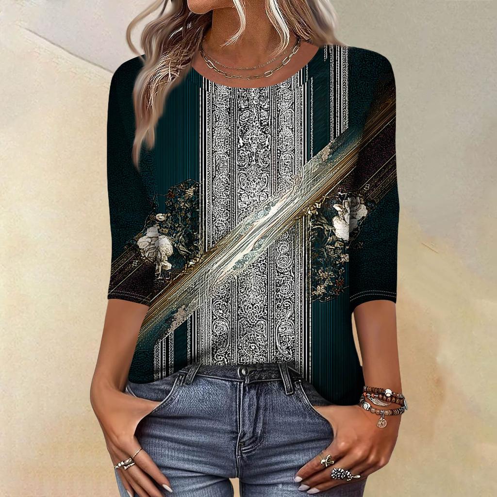 Módní vintage top s 3/4 rukávem pro ženy, dámská ležérní halenka s tříčtvrtečním rukávem a kulatým výstřihem s potiskem