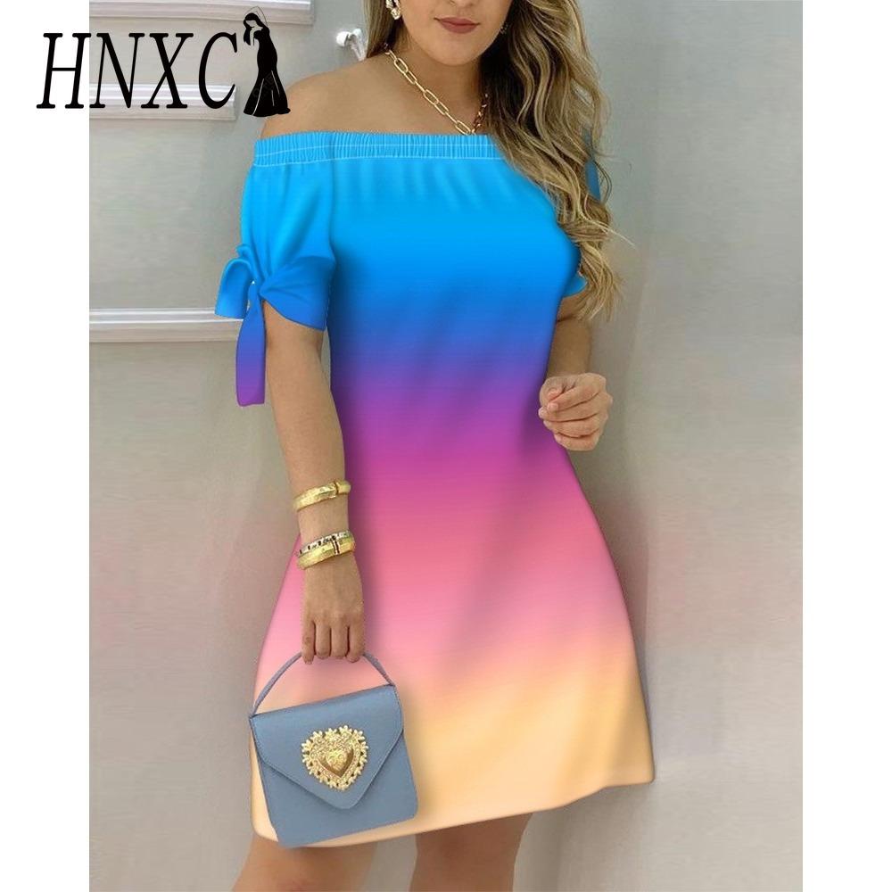 HNXC Women Fashion Off Shoulder Dress Short Sleeve Bow Tie Print Dresses Summer Beach Dresses Plus Size