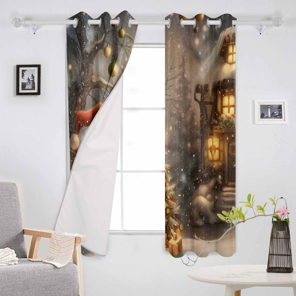 Christmas Dwarf Forest Snow Scene Cartoon Blackout Curtains For Living Room Bedroom Window Treatment Blinds Drapes
