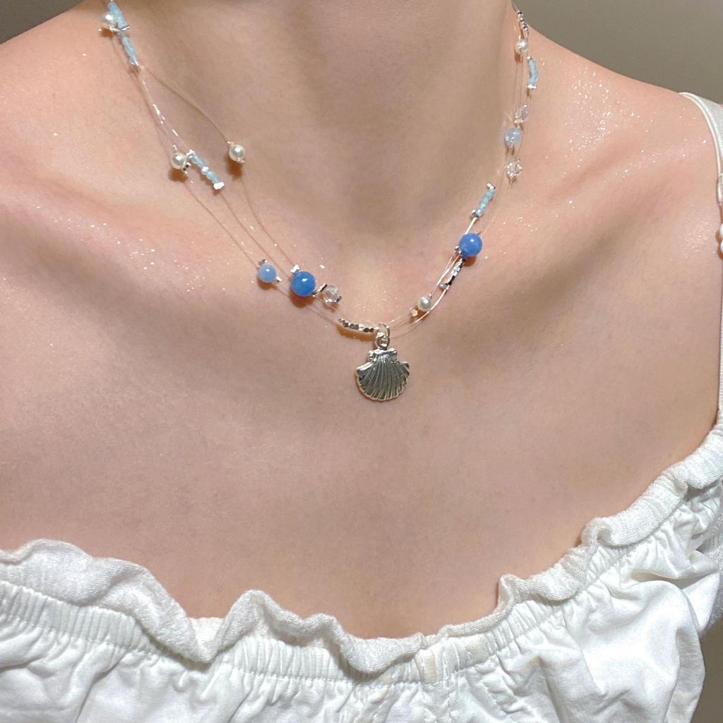 Colar de Linha de Pesca Invisível de Vidro Gota d'Água da Moda Transfronteiriço para Mulheres - Simples, Moderno, Empilhável Corrente de Clavícula Multicamadas
