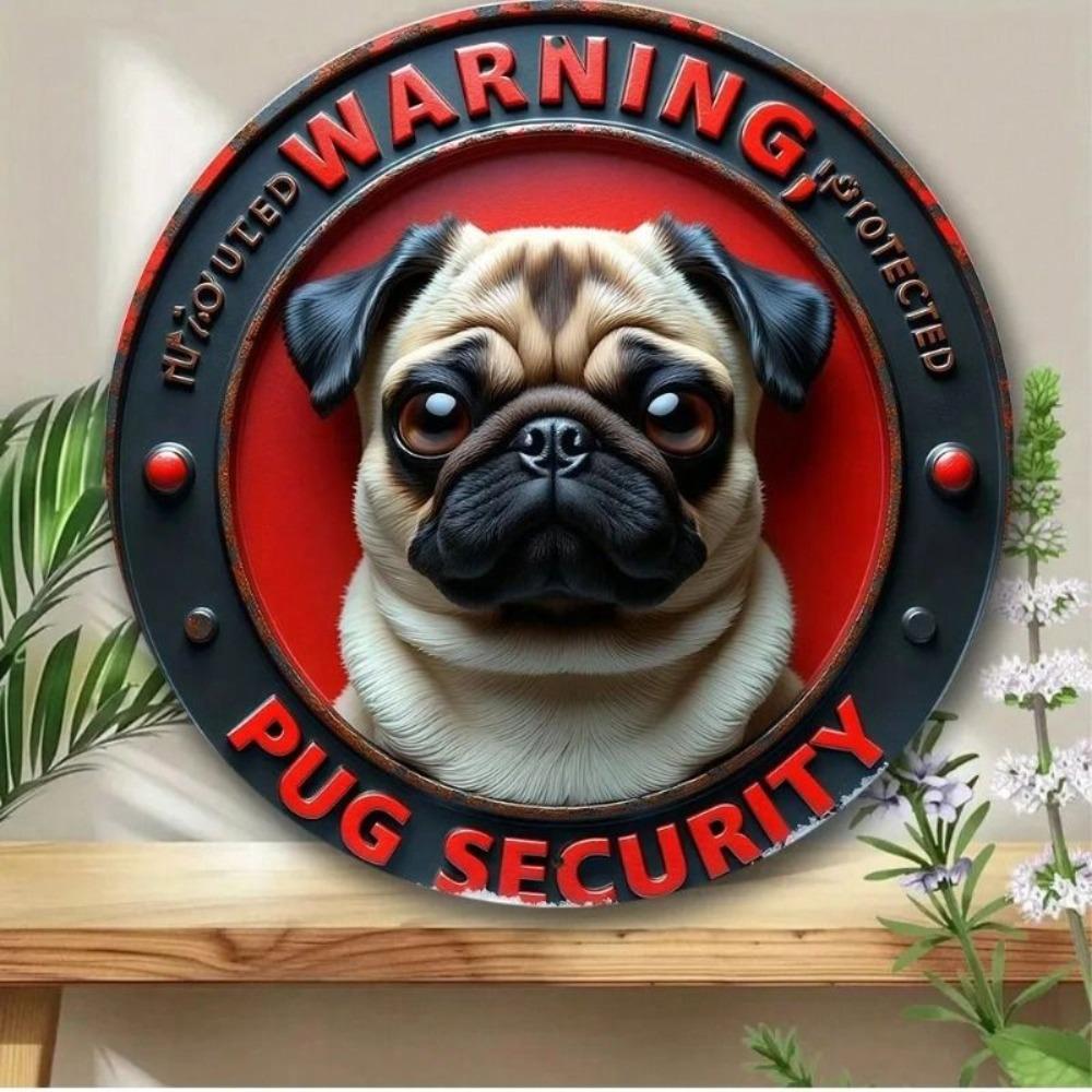 Metal Wall Art Round Pug Sign with Red Frame 8 Inch Home Decor