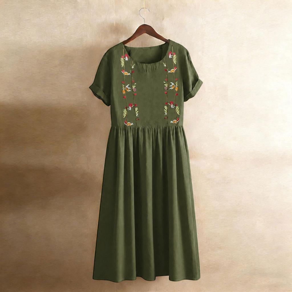 Vestito da donna in cotone e lino ricamato stampato a girocollo con tasca a maniche corte