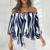 Women's Summer Fasion Loose Print Long--sleeve Bow Tie Neckline Bandage  Top